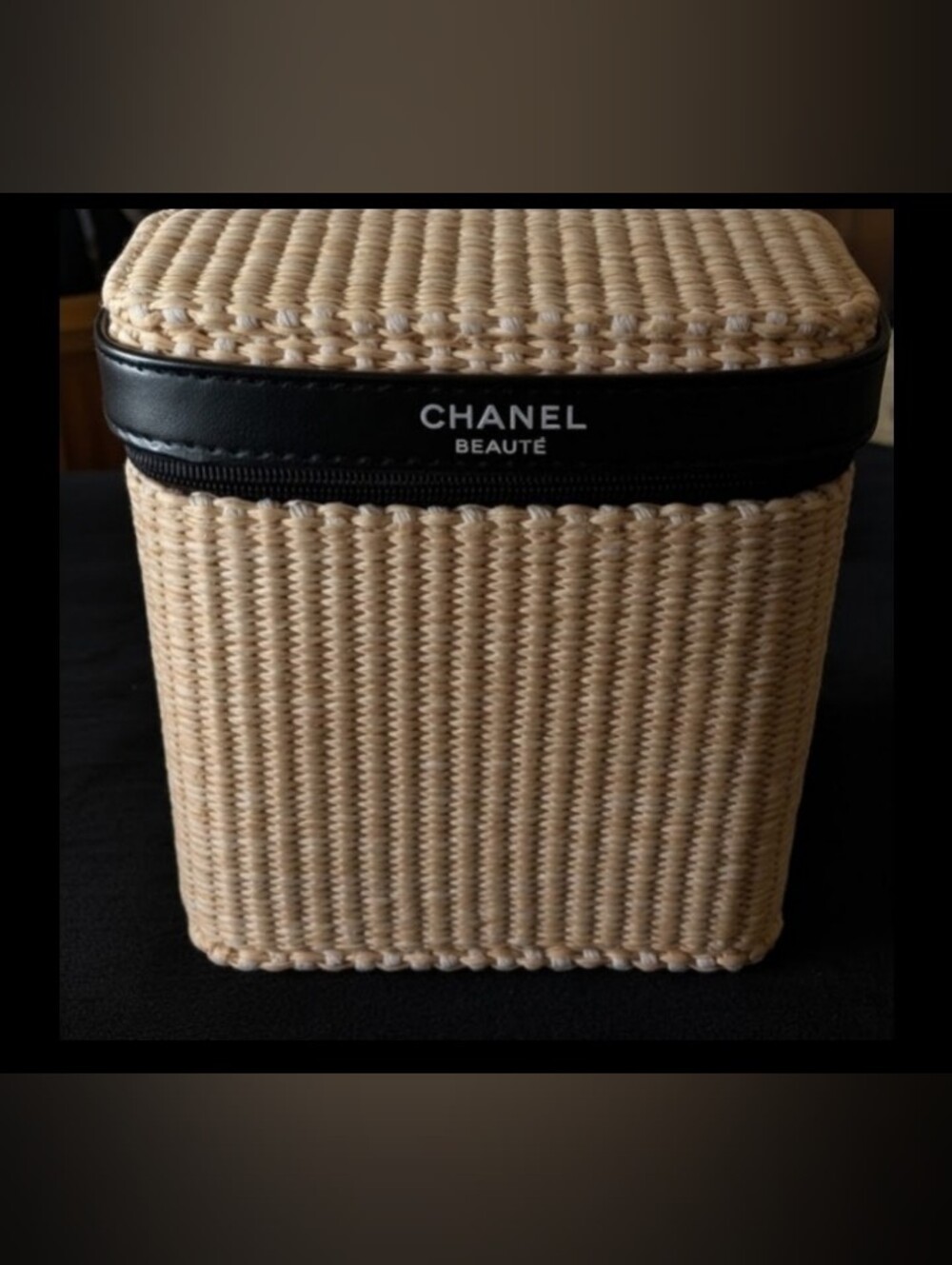 CHANEL Beauté Beige Woven Cosmetic Case with Black Trim and Logo - New!